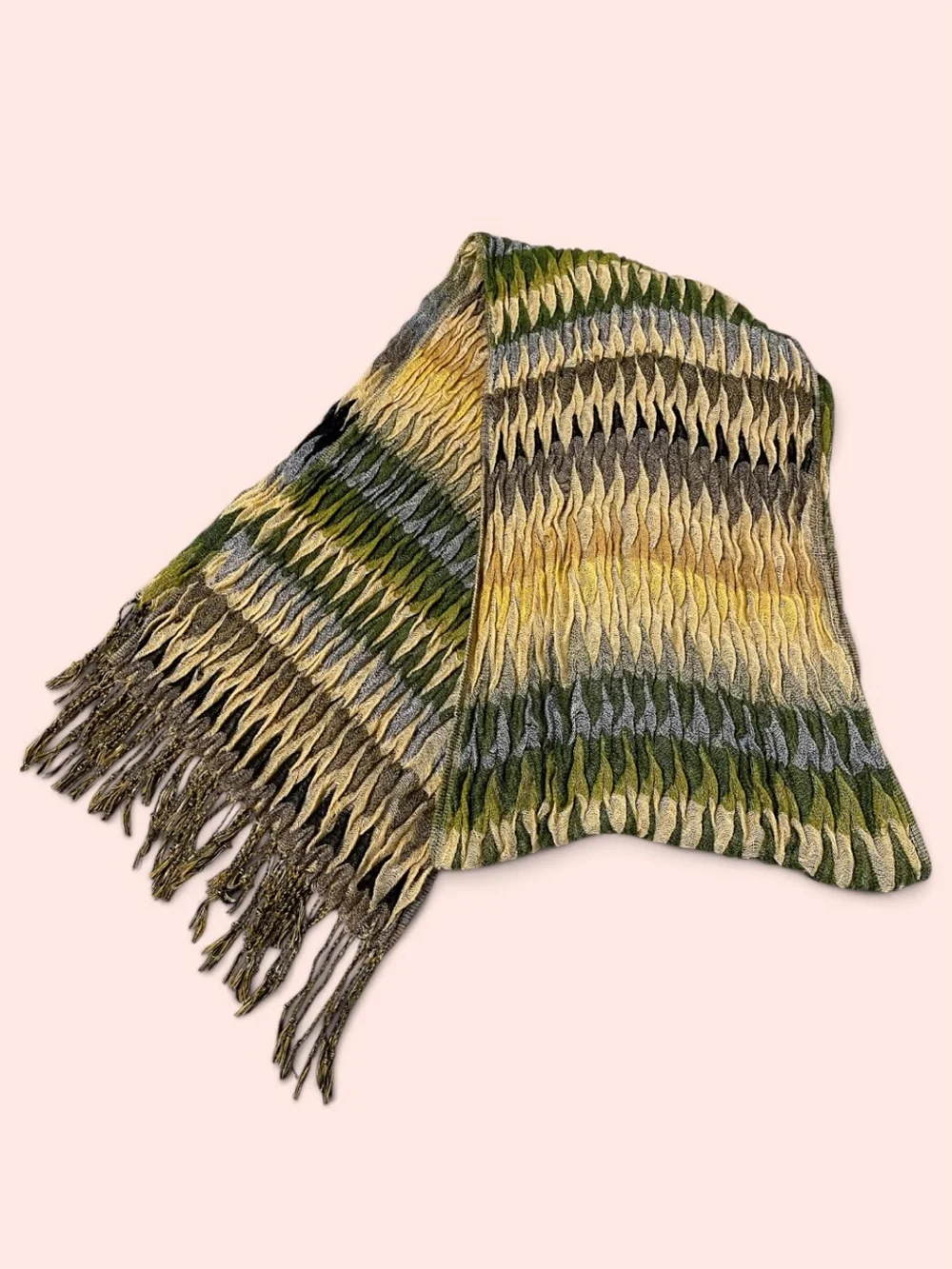 Missoni-Inspired Pleated Zig-Zag Knit Scarf w Fringe